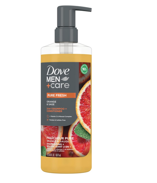 DOVE MEN + CARE 2-in-1 Shampoo + Conditioner Pure Fresh Orange & Sage for Strong, Healthy-Looking Hair, with Vitamin C & Mineral Complex, 17.5 oz