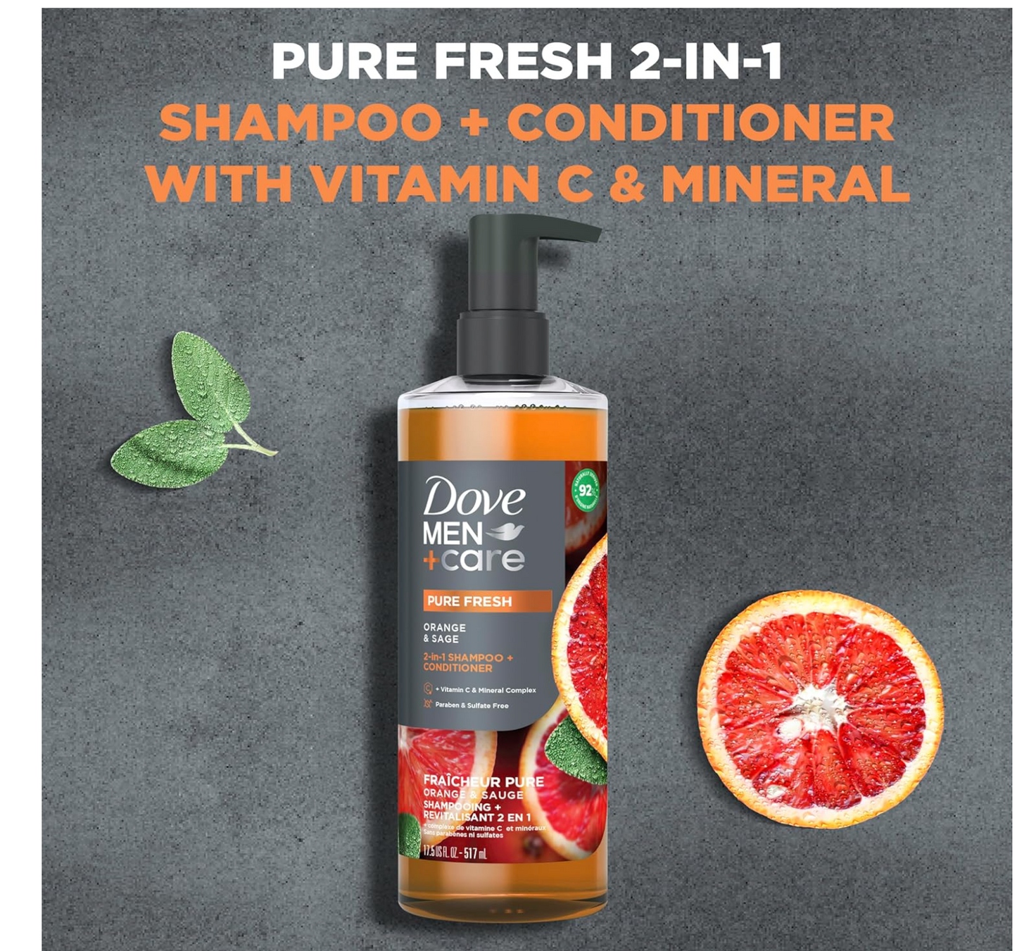 DOVE MEN + CARE 2-in-1 Shampoo + Conditioner Pure Fresh Orange & Sage for Strong, Healthy-Looking Hair, with Vitamin C & Mineral Complex, 17.5 oz