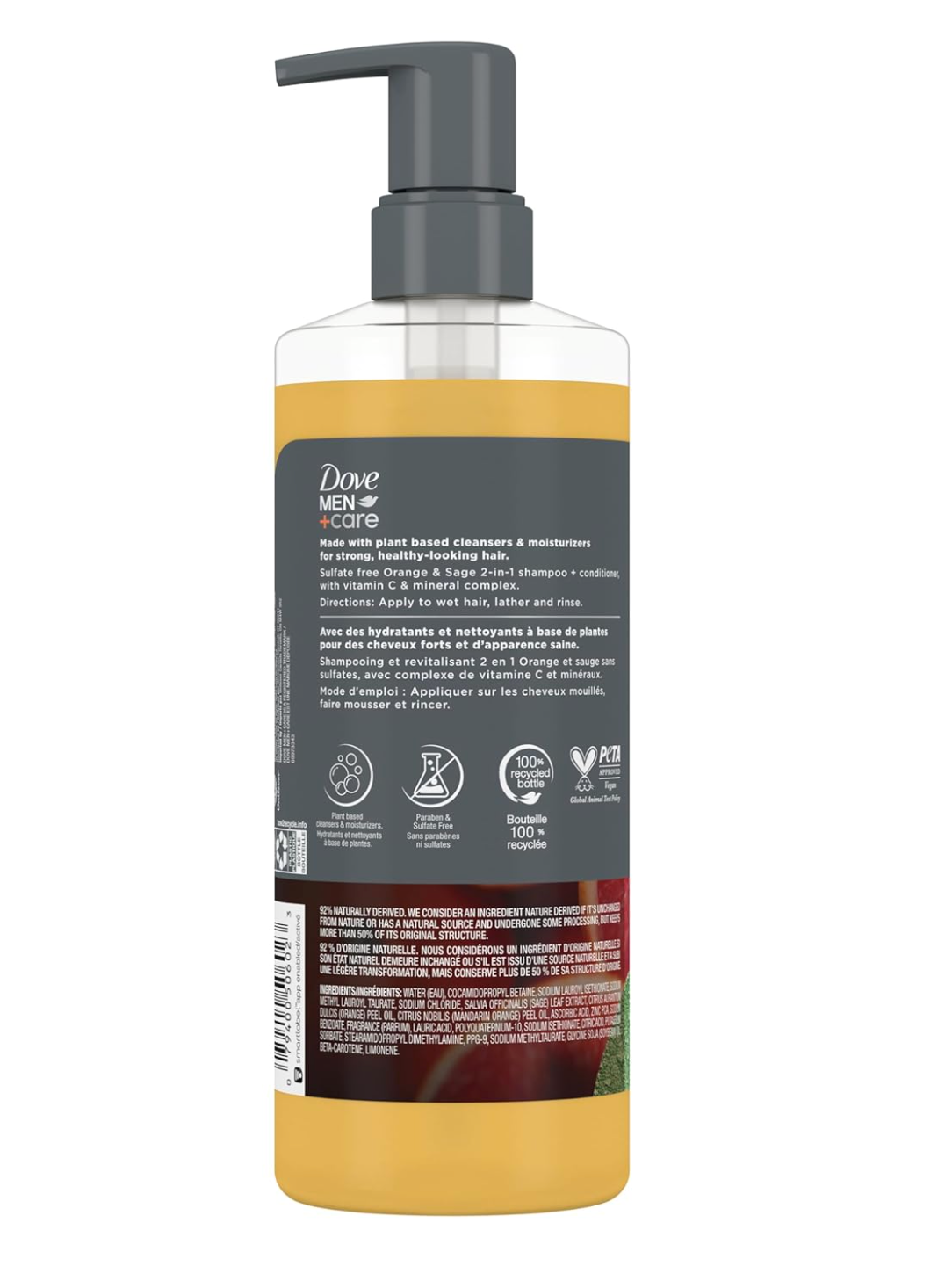 DOVE MEN + CARE 2-in-1 Shampoo + Conditioner Pure Fresh Orange & Sage for Strong, Healthy-Looking Hair, with Vitamin C & Mineral Complex, 17.5 oz