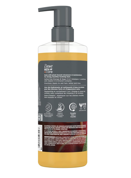 DOVE MEN + CARE 2-in-1 Shampoo + Conditioner Pure Fresh Orange & Sage for Strong, Healthy-Looking Hair, with Vitamin C & Mineral Complex, 17.5 oz